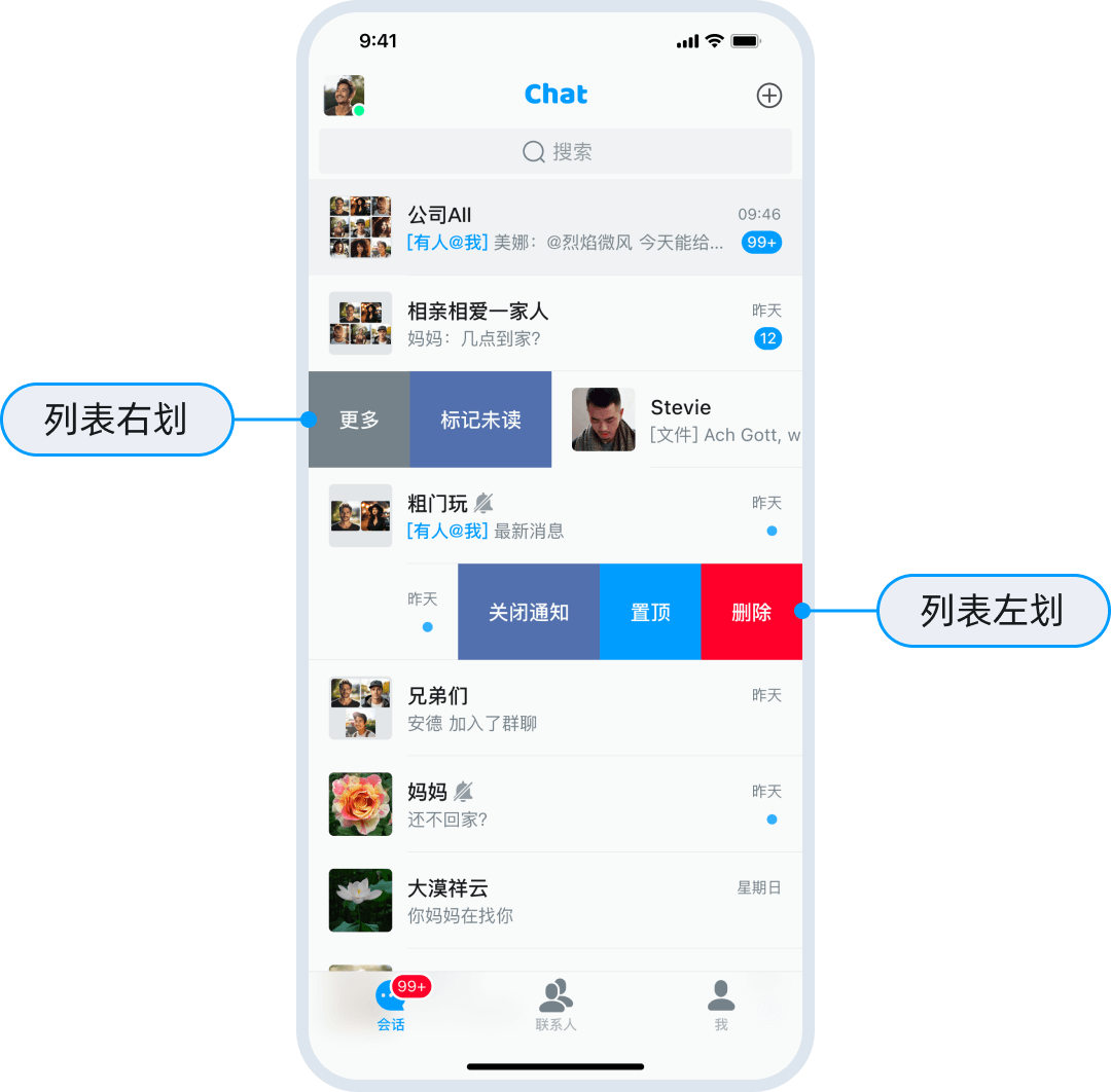 会话左滑和右滑